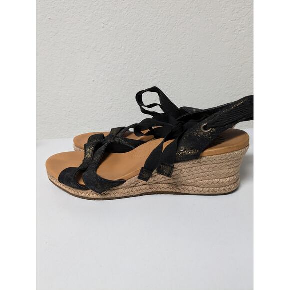 UGG black leather espadrilles wedge sandals 1006823 women's size 8.5 - Picture 2 of 14